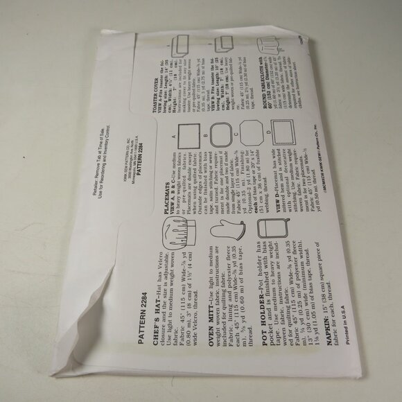 Kwik Sew 2284 Clothing Sewing Pattern NEW UNOPENED Chef Hat, Oven Mitt, etc. - Picture 3 of 6